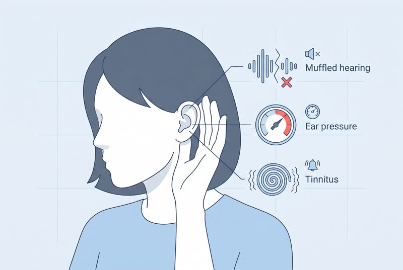 Medical illustration showing symptoms of eustachian tube dysfunction including ear pressure and muffled hearing