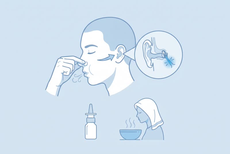Medical illustration showing treatments for eustachian tube dysfunction including Valsalva maneuver and nasal spray