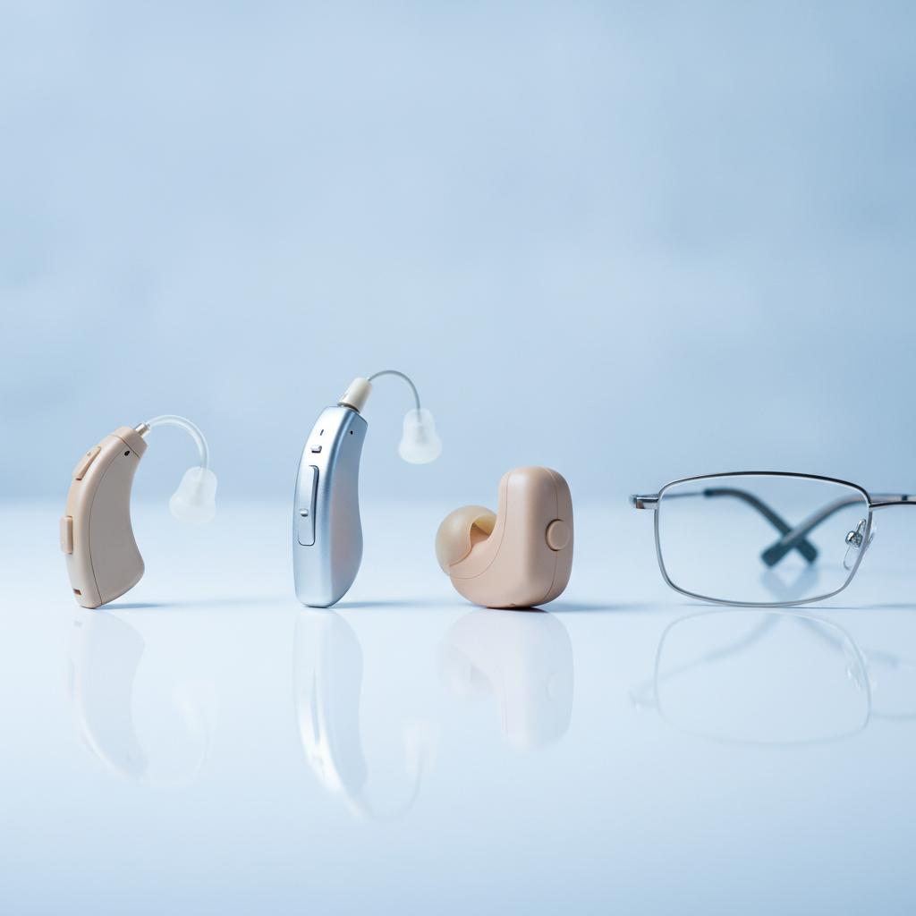 Comparison of BTE RIC and ITE hearing aid styles next to eyeglasses