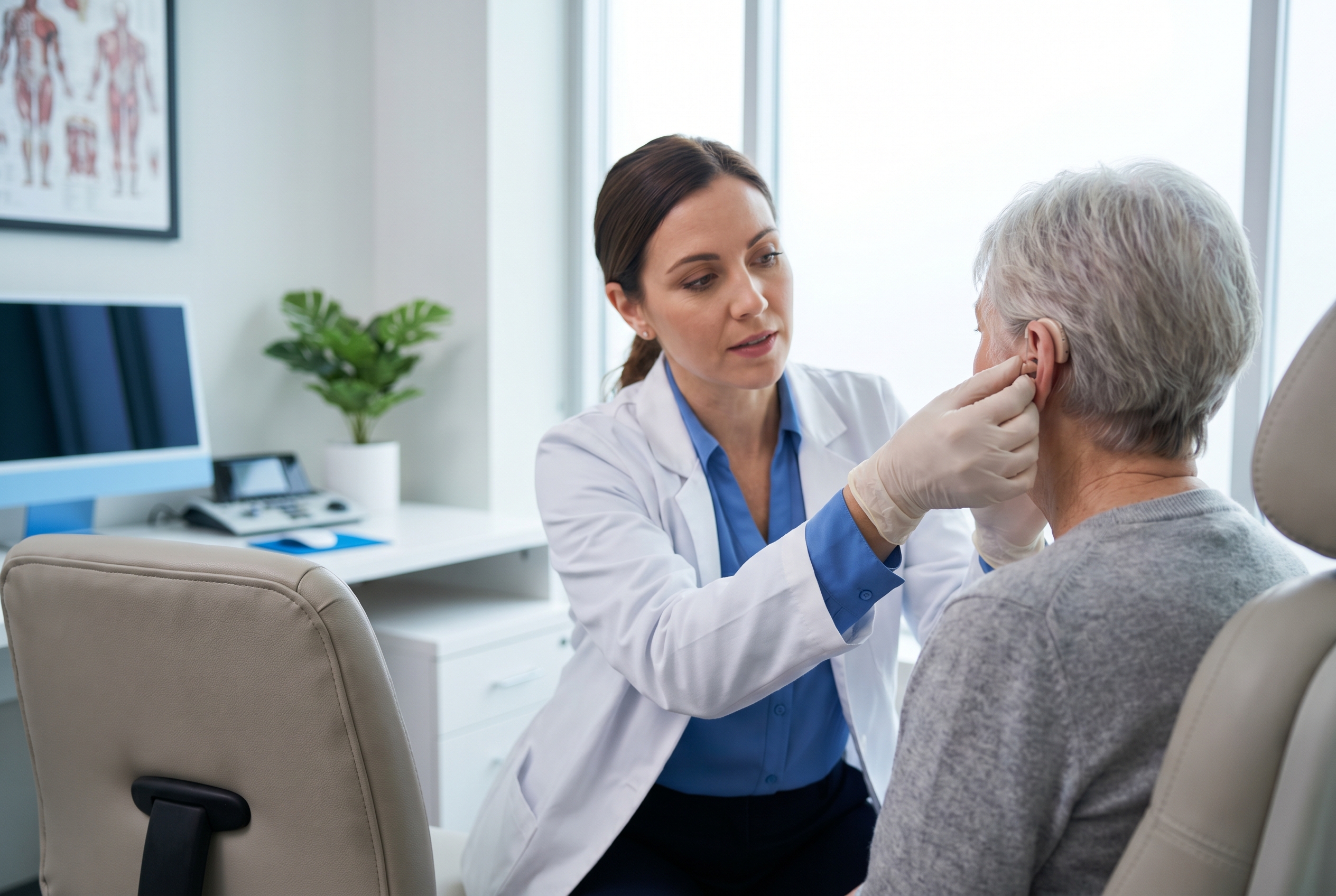Professional audiologist fitting a hearing aid for tinnitus relief