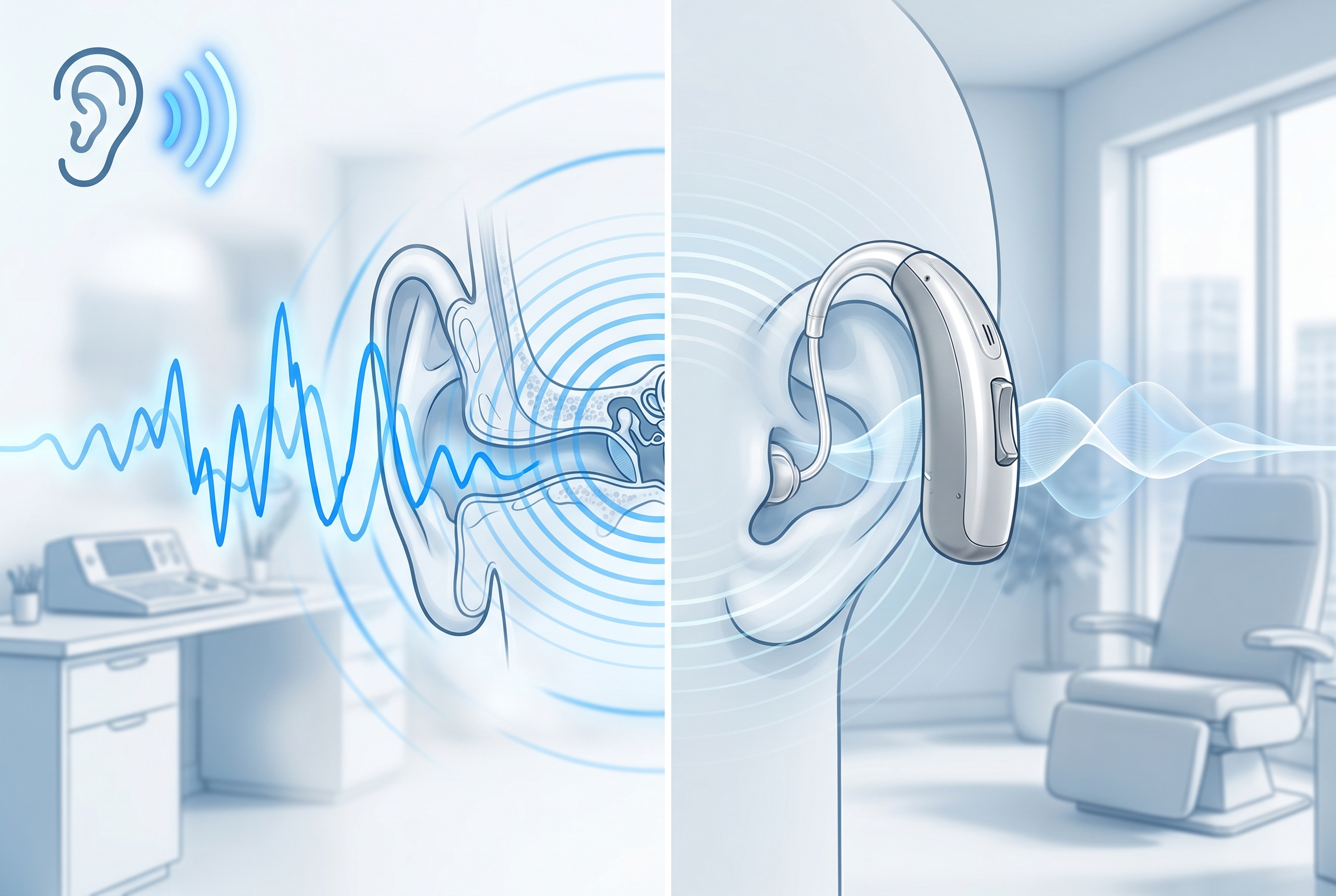 Illustration of tinnitus sound waves and hearing aid intervention