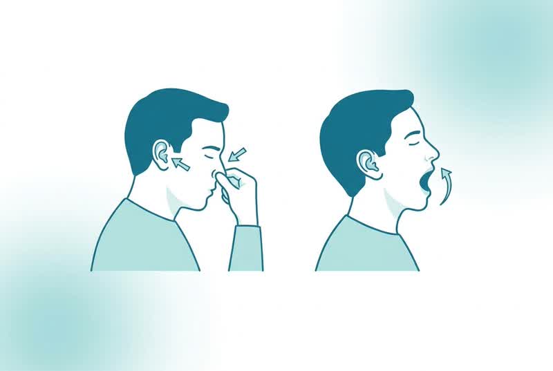 Medical illustration showing safe methods to unclog ears including Valsalva maneuver and warm compress