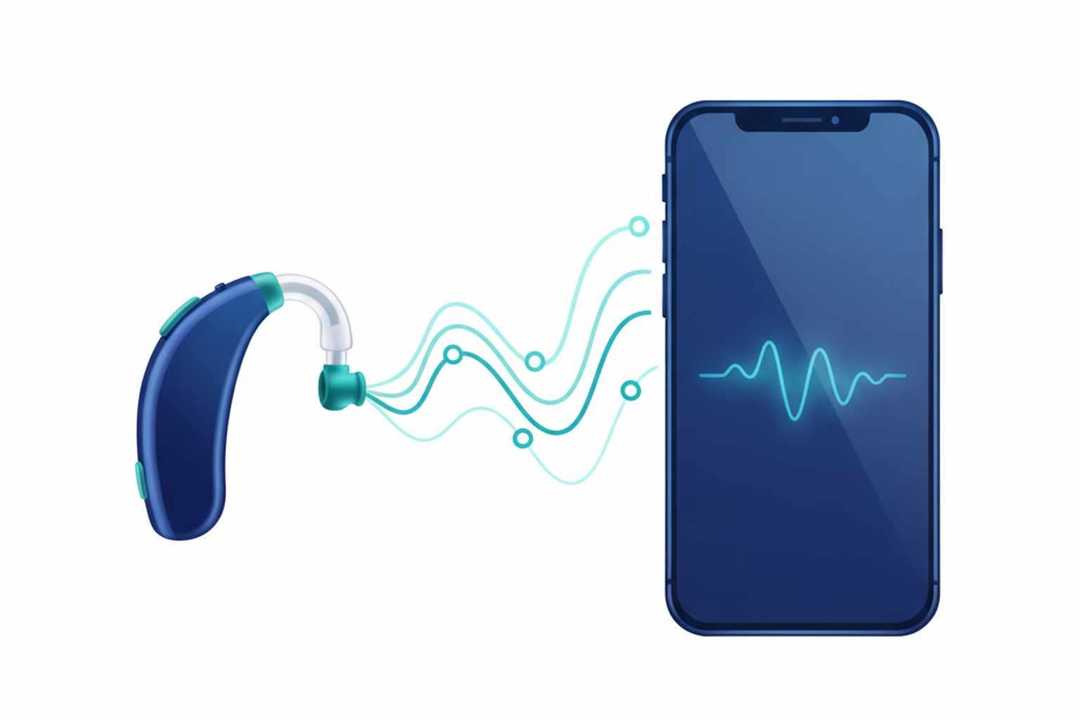 Bluetooth hearing aids connected to smartphone in blue and teal medical illustration