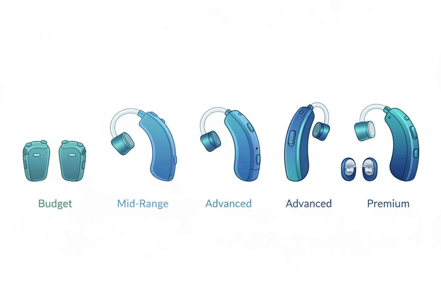 Budget hearing aid options in blue and teal medical illustration