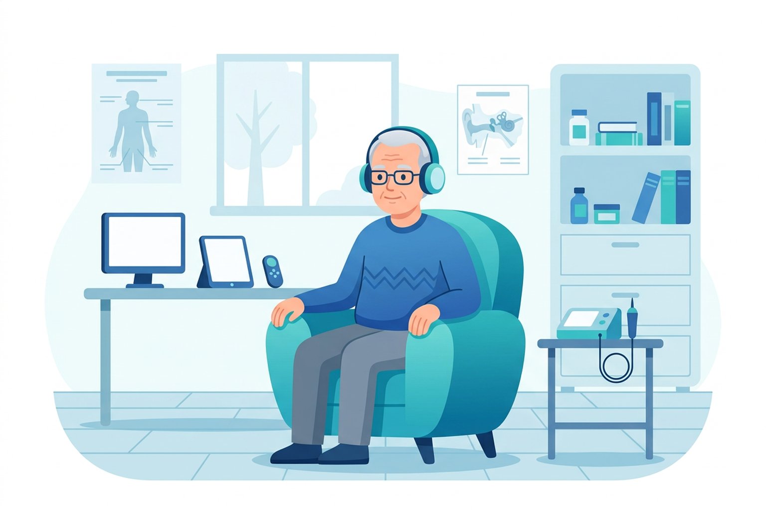 Senior man comfortably taking a diagnostic hearing exam with headphones