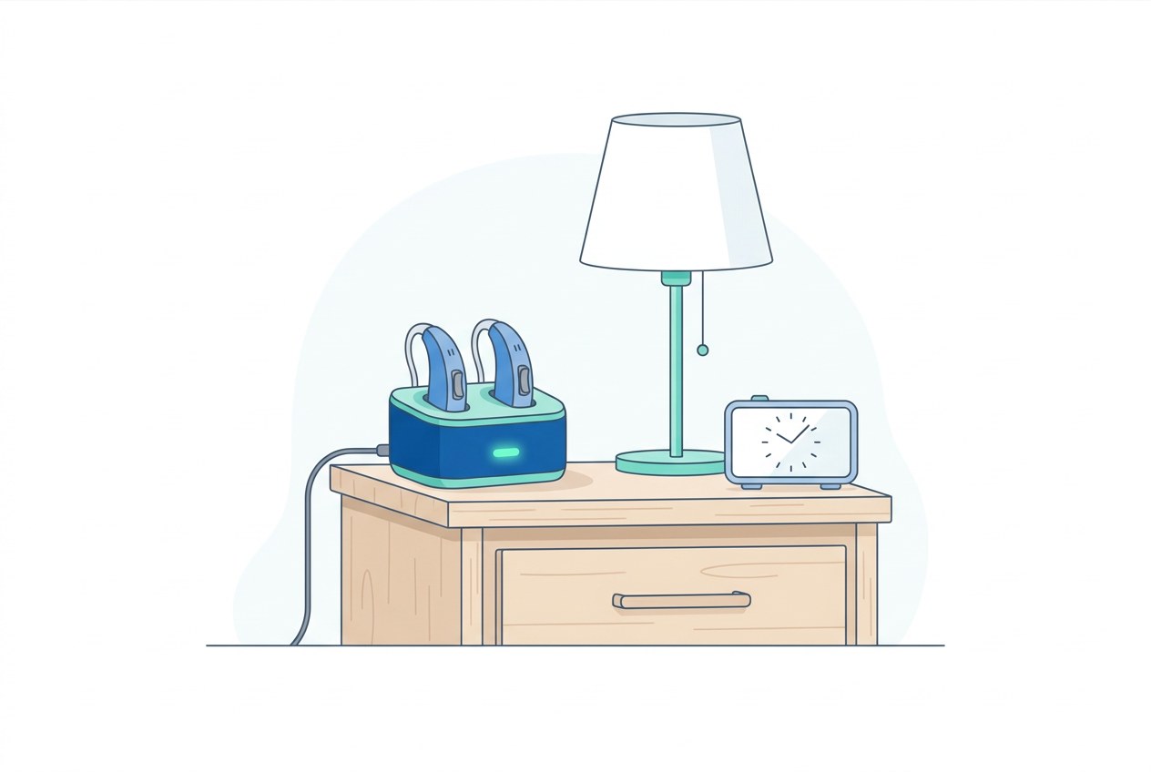Bedside hearing aid charging station with rechargeable hearing aids docked overnight