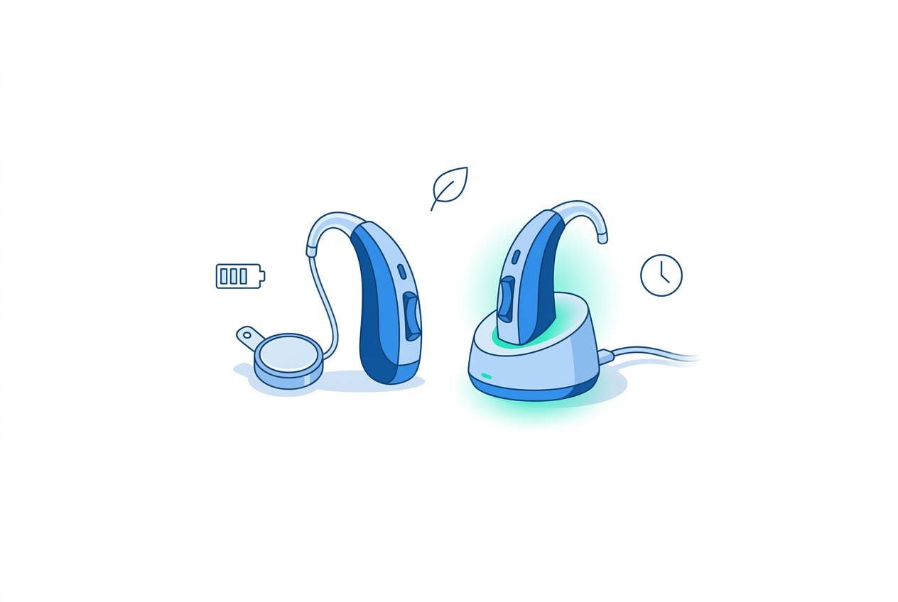 Medical illustration comparing disposable and rechargeable hearing aid batteries with a charging dock