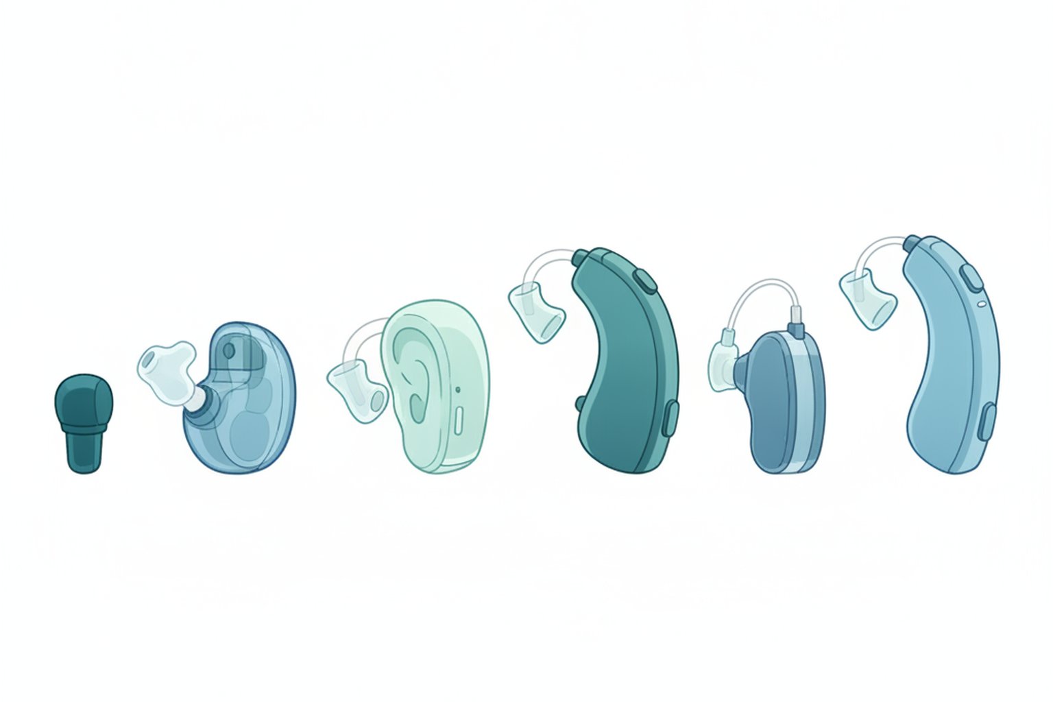Medical illustration of six modern hearing aids in blue and teal representing major hearing aid brands