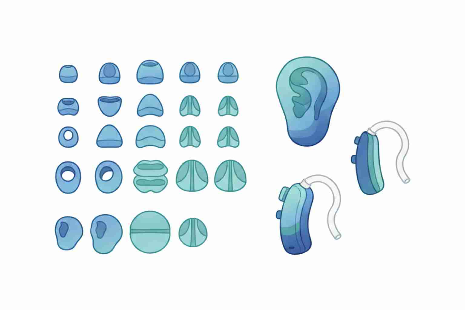 Different hearing aid dome sizes and ear mold styles for fitting
