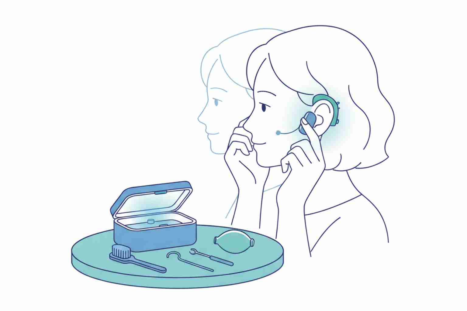 Patient practicing hearing aid insertion at home with cleaning tools