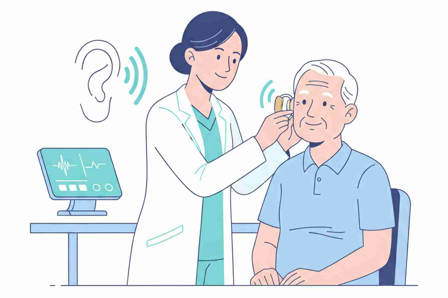 Audiologist fitting a hearing aid on a patient