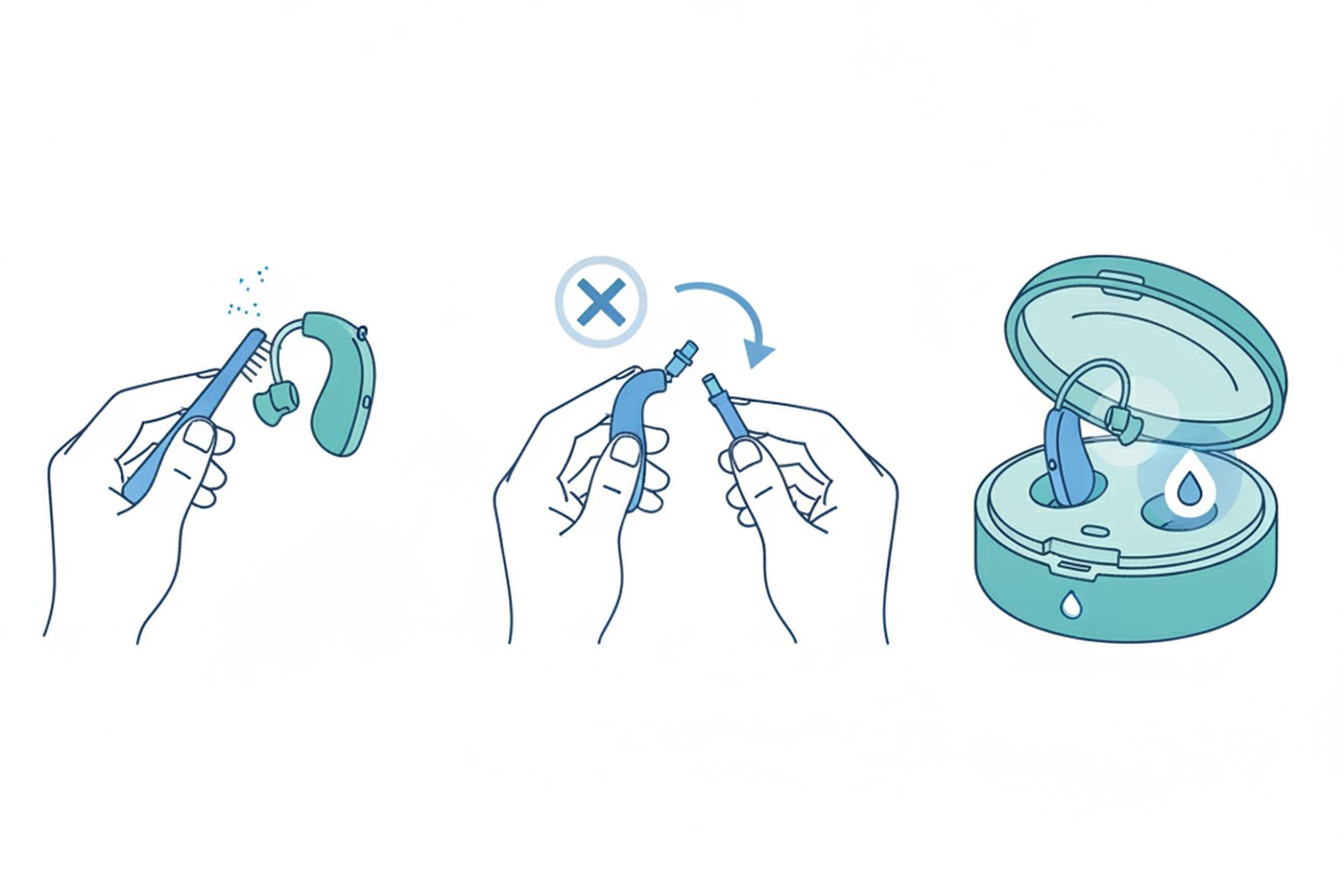 Hearing aid maintenance steps: cleaning with brush, replacing wax filter, using dehumidifier
