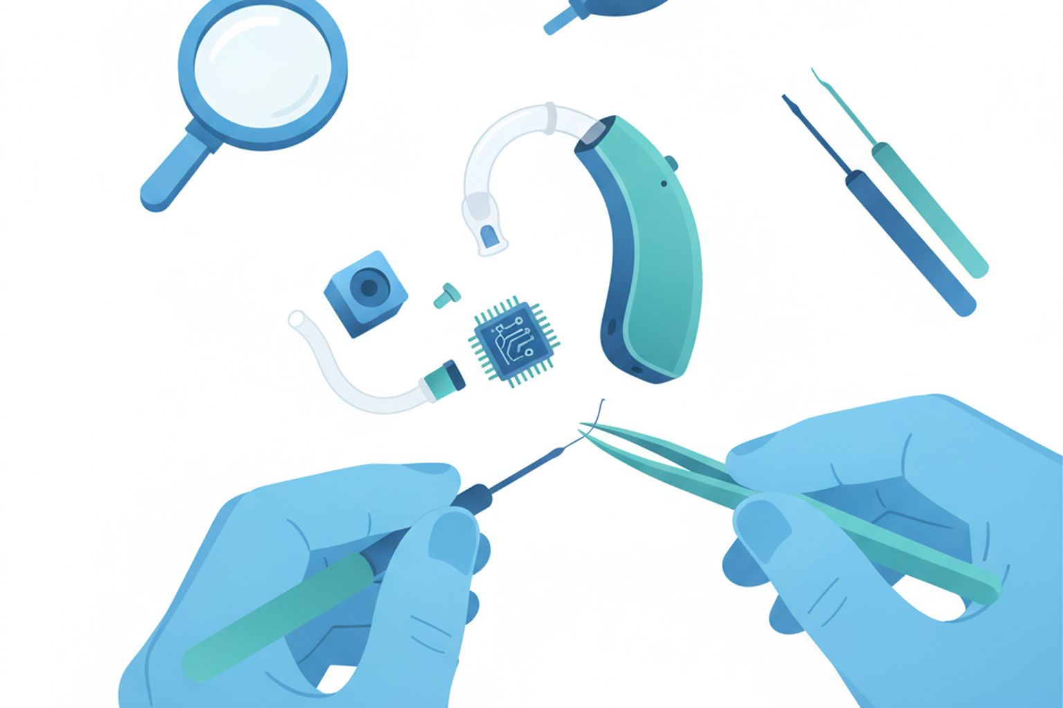 Hearing aid repair specialist examining device components