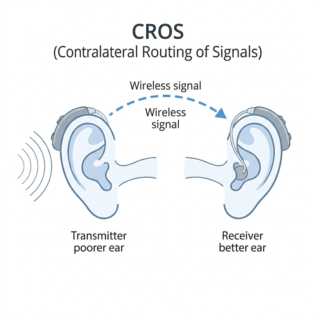 Diagram showing how a CROS hearing aid works, with sound entering the transmitter on the deaf ear and being sent wirelessly to the receiver on the hearing ear.