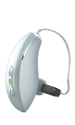 Starkey Omega AI receiver-in-canal hearing aid in Sterling Silver finish