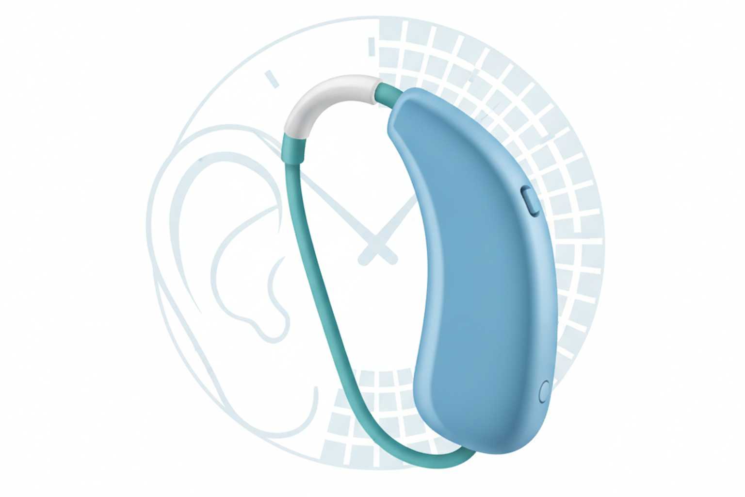 Medical illustration of a behind the ear hearing aid with a clock motif representing hearing aid lifespan