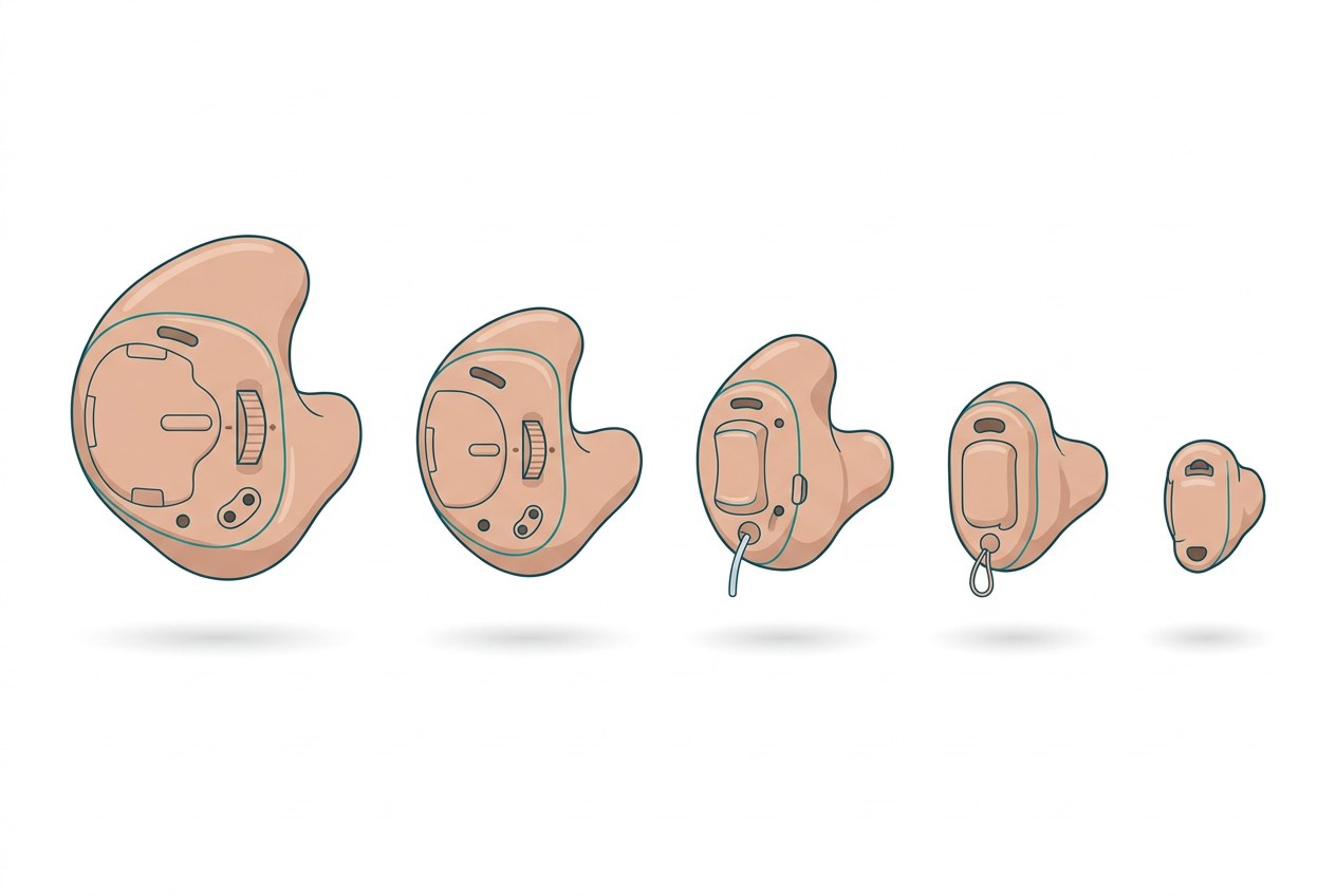 In the ear hearing aid styles sized from full shell to invisible in canal
