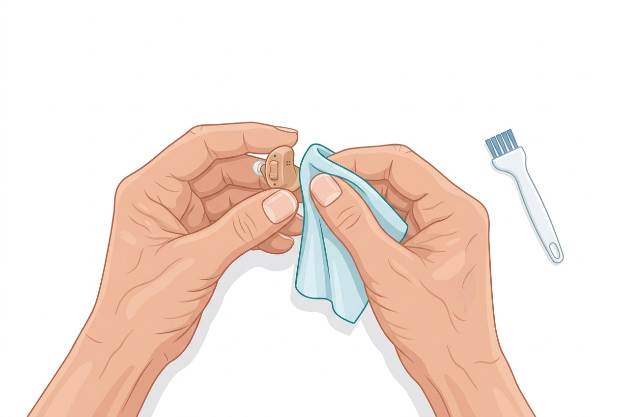 Cleaning an in the ear hearing aid with a soft dry cloth and brush