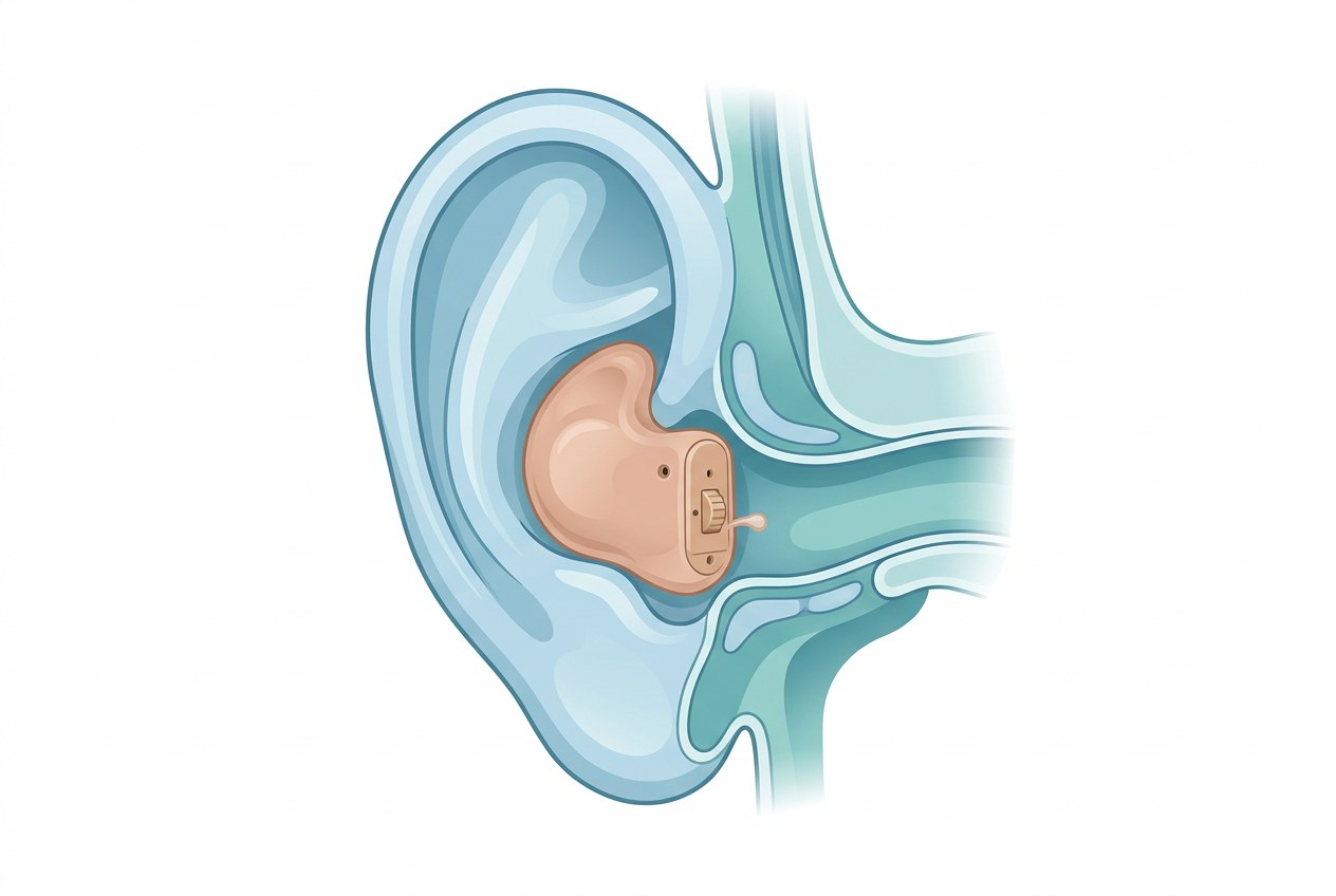 In the ear hearing aid styles guide with custom fit illustration in blue and teal