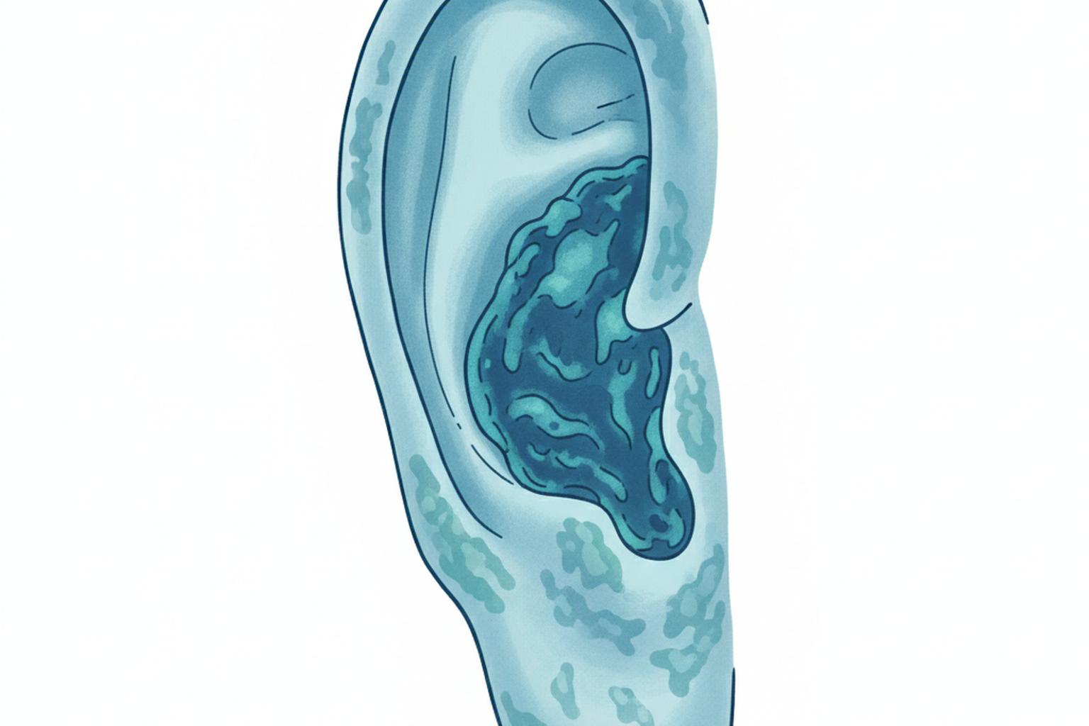 Cross-section of ear canal showing earwax buildup and skin irritation