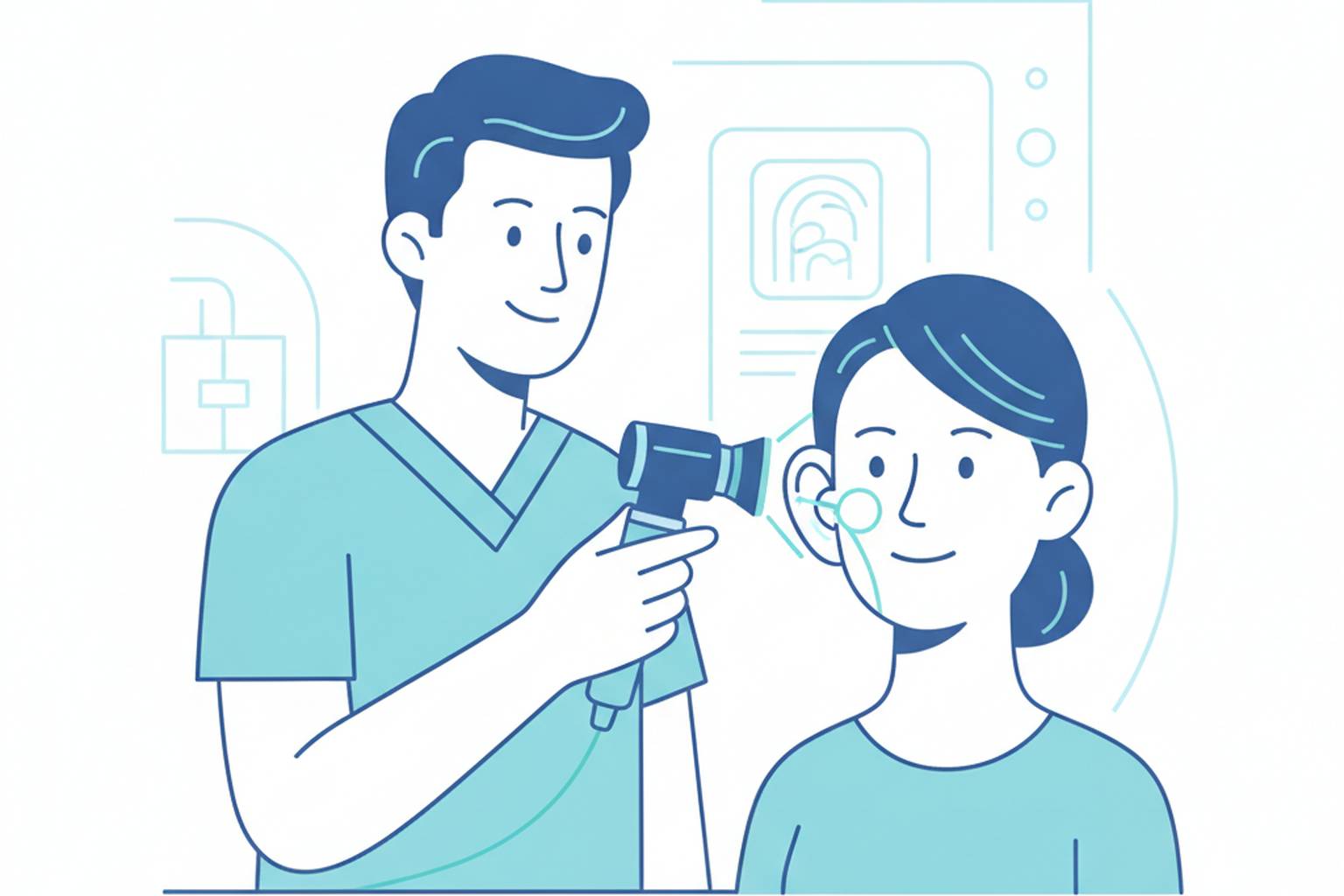 Audiologist examining a patient's ear with an otoscope