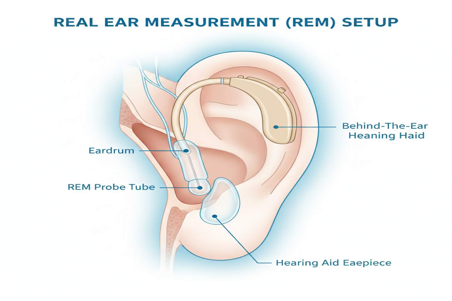 Close-up diagram of probe microphone in ear canal for real ear measurement