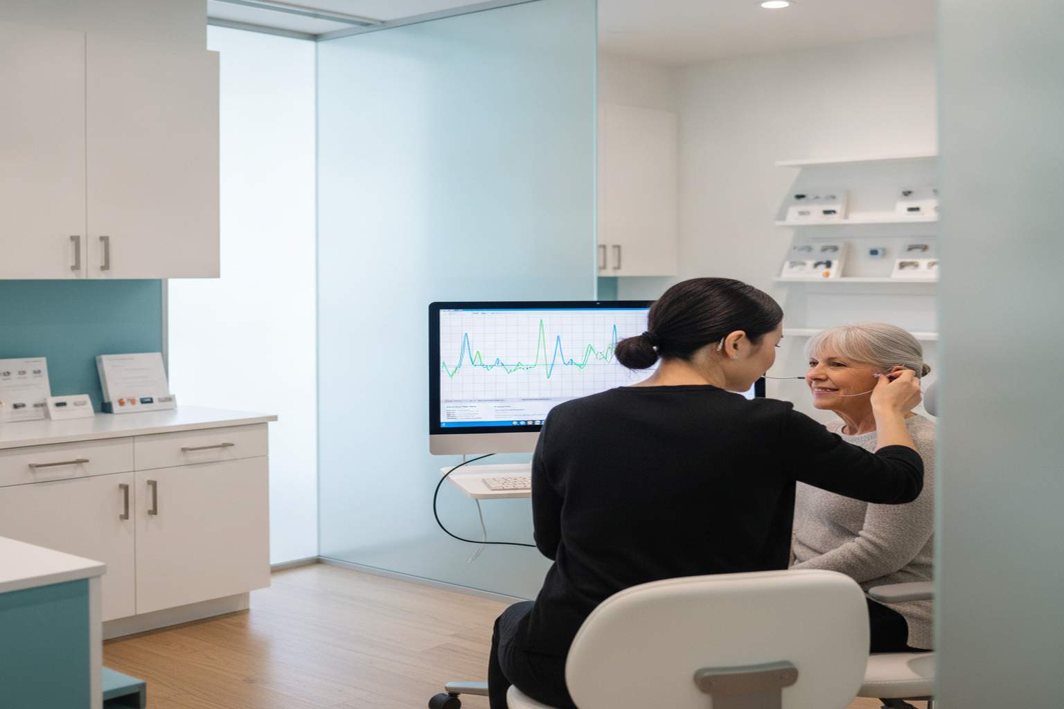 Audiologist performing real ear measurement on a patient